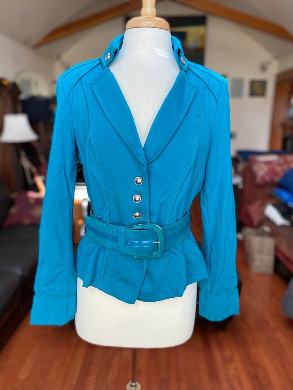 White House Black Market teal retro peplum belted blazer, size L